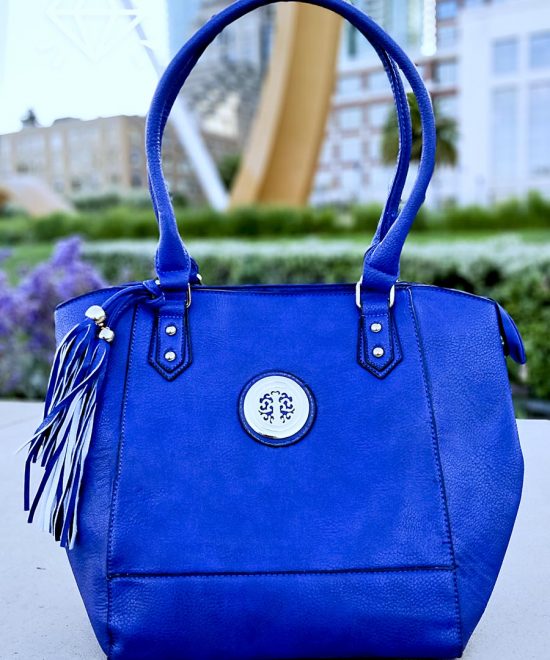 blue leather handbag